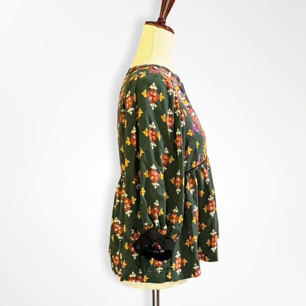 Rapsodia, Green, Babydoll Peasant Blouse, Folk Pattern Puff Sleeve Boho Top — image 2 of 5